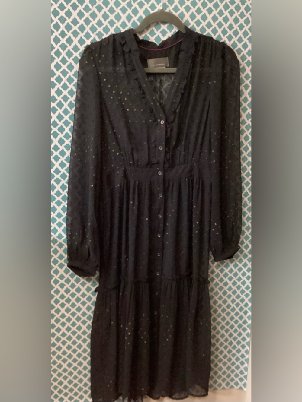 Anthropologie Black Long-Sleeve Tiered Dress with Colorful Metallic Dots Size 6